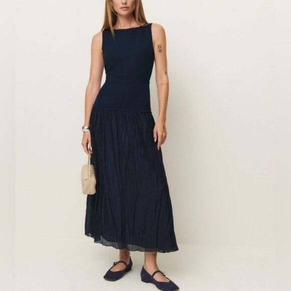 NEW Reformation Cyra Drop Waist Dress Midnight Navy Blue | US 2 UK 4 - Picture 2 of 15